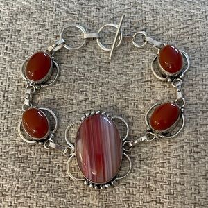 Sterling Silver, Carnelian, Pink Agate Bracelet